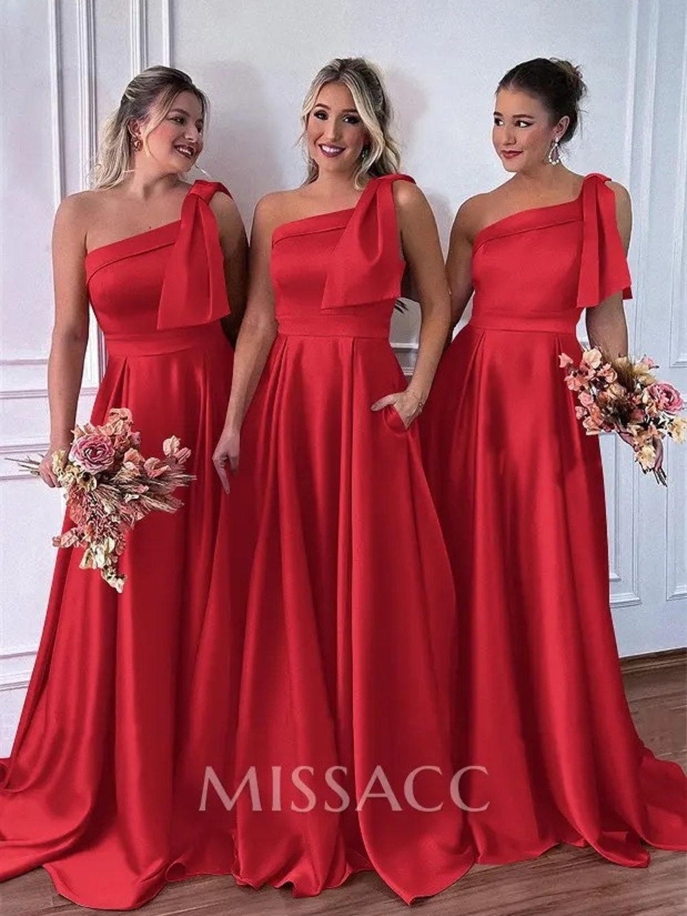 One-Shoulder Red Satin Evening Dress